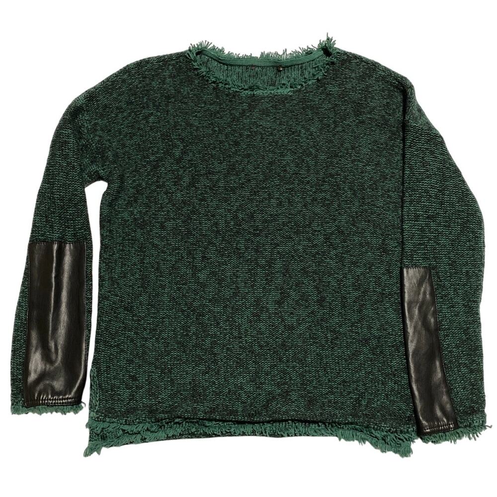 Donna Karan Sweater Size Large Fringe Semi Sheer Open Knit Faux Leather Detail